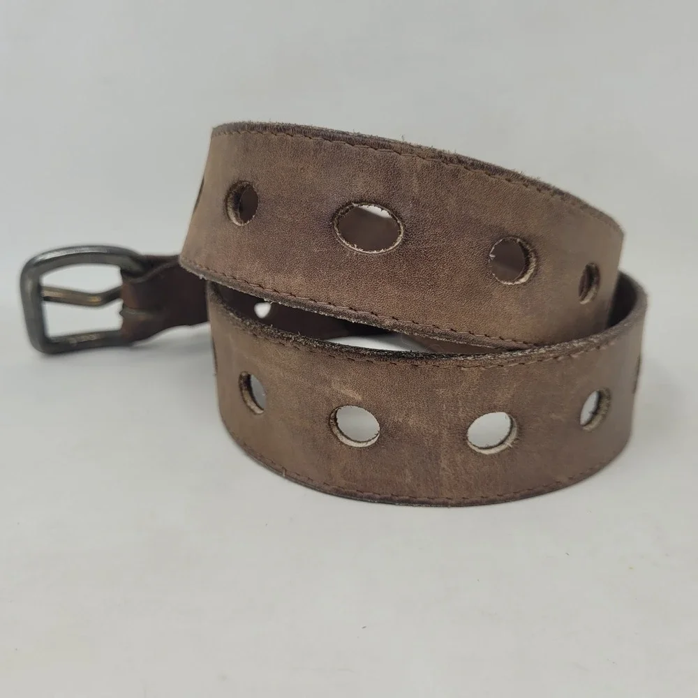 Vermillion Belt Large Brown Leather Perforated Distressed Utility Rugged Grunge